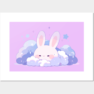 Cute Fluffy Kawaii Chubby Bunny Floating In The Starry Sky Posters and Art